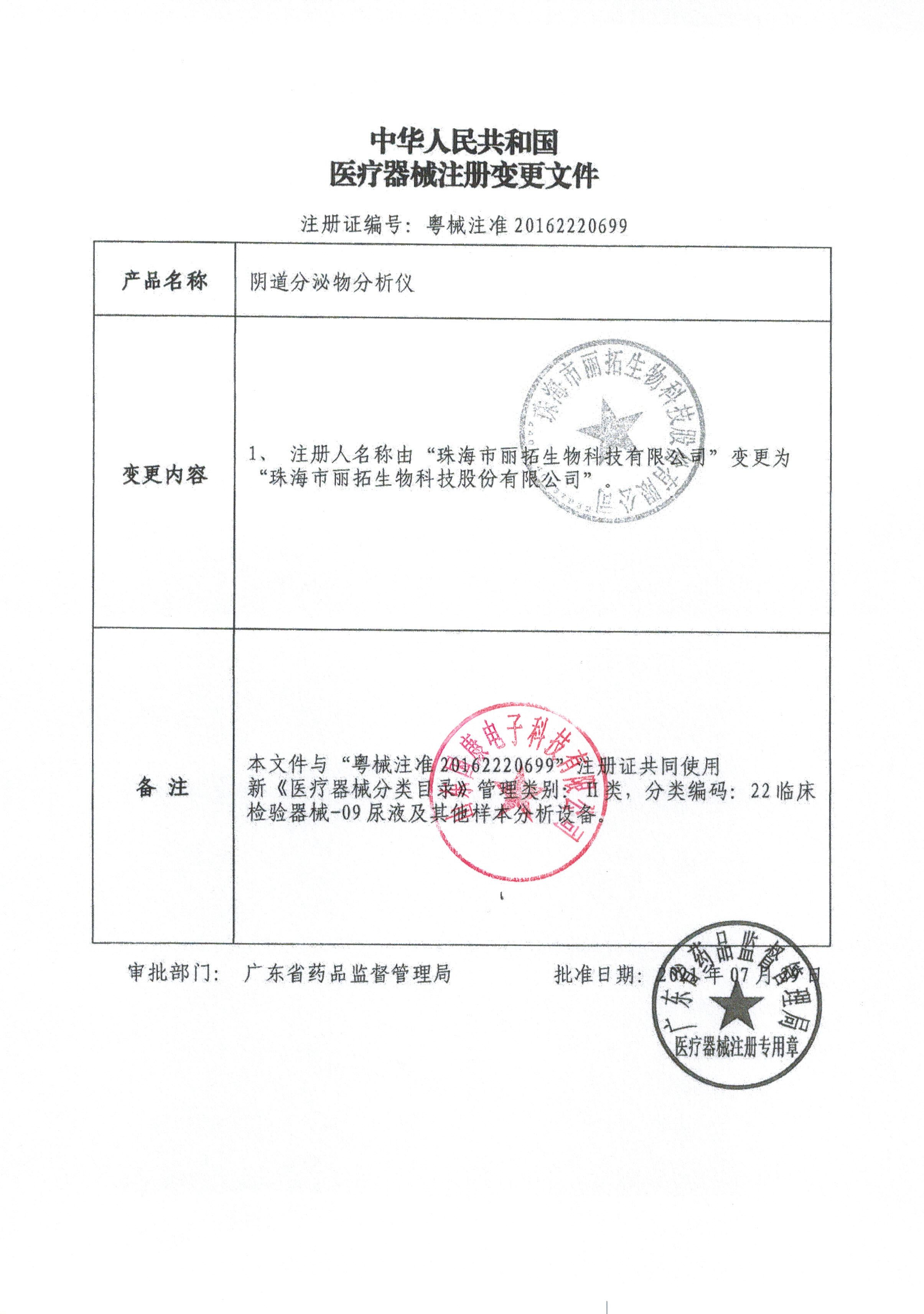 陰道分泌物分析儀（六聯(lián)檢）注冊(cè)證